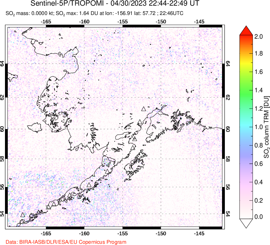 A sulfur dioxide image over Alaska, USA on Apr 30, 2023.