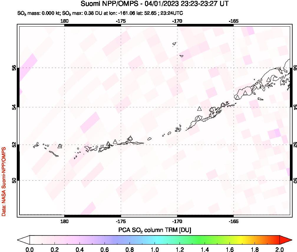 A sulfur dioxide image over Aleutian Islands, Alaska, USA on Apr 01, 2023.