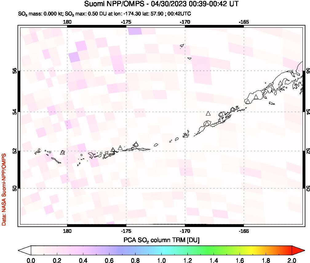 A sulfur dioxide image over Aleutian Islands, Alaska, USA on Apr 30, 2023.