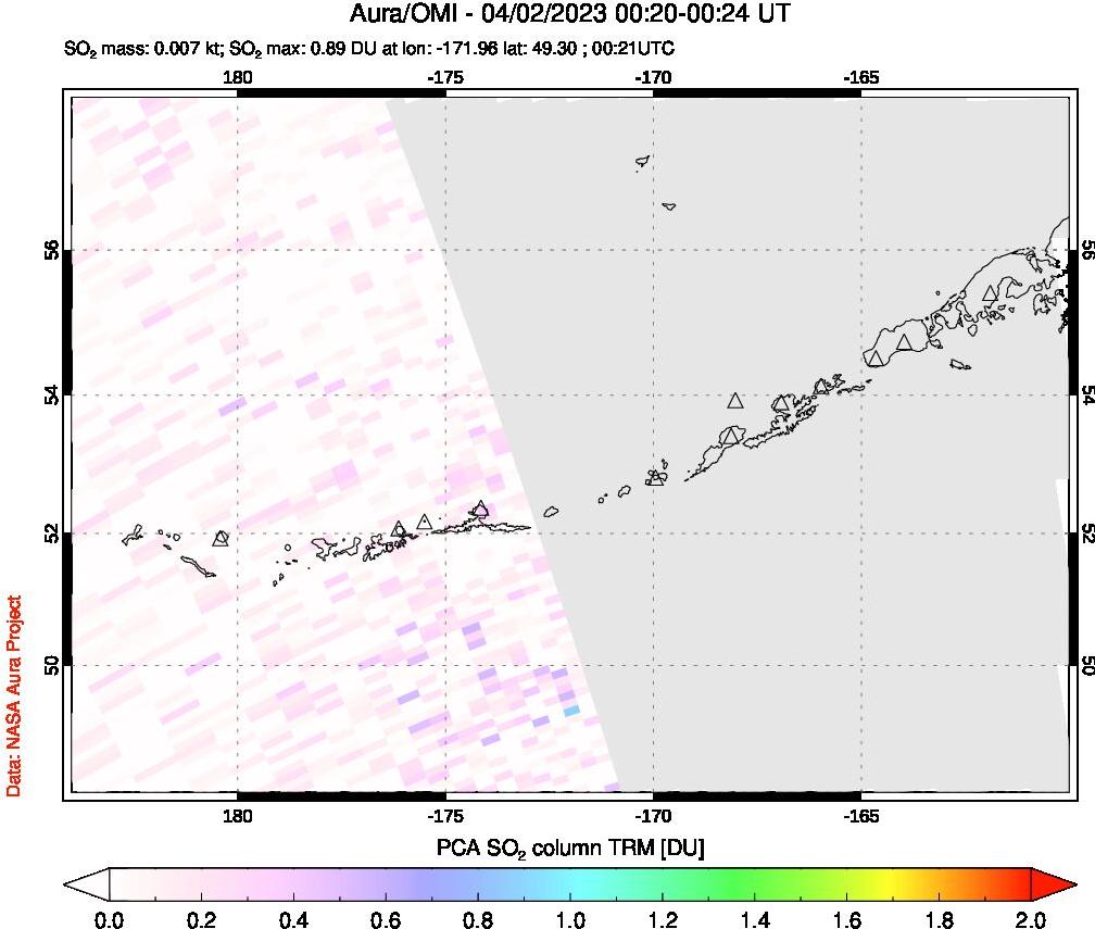 A sulfur dioxide image over Aleutian Islands, Alaska, USA on Apr 02, 2023.