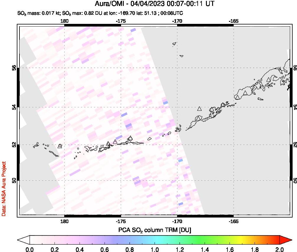A sulfur dioxide image over Aleutian Islands, Alaska, USA on Apr 04, 2023.