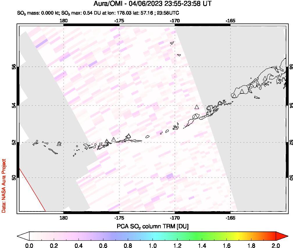 A sulfur dioxide image over Aleutian Islands, Alaska, USA on Apr 06, 2023.