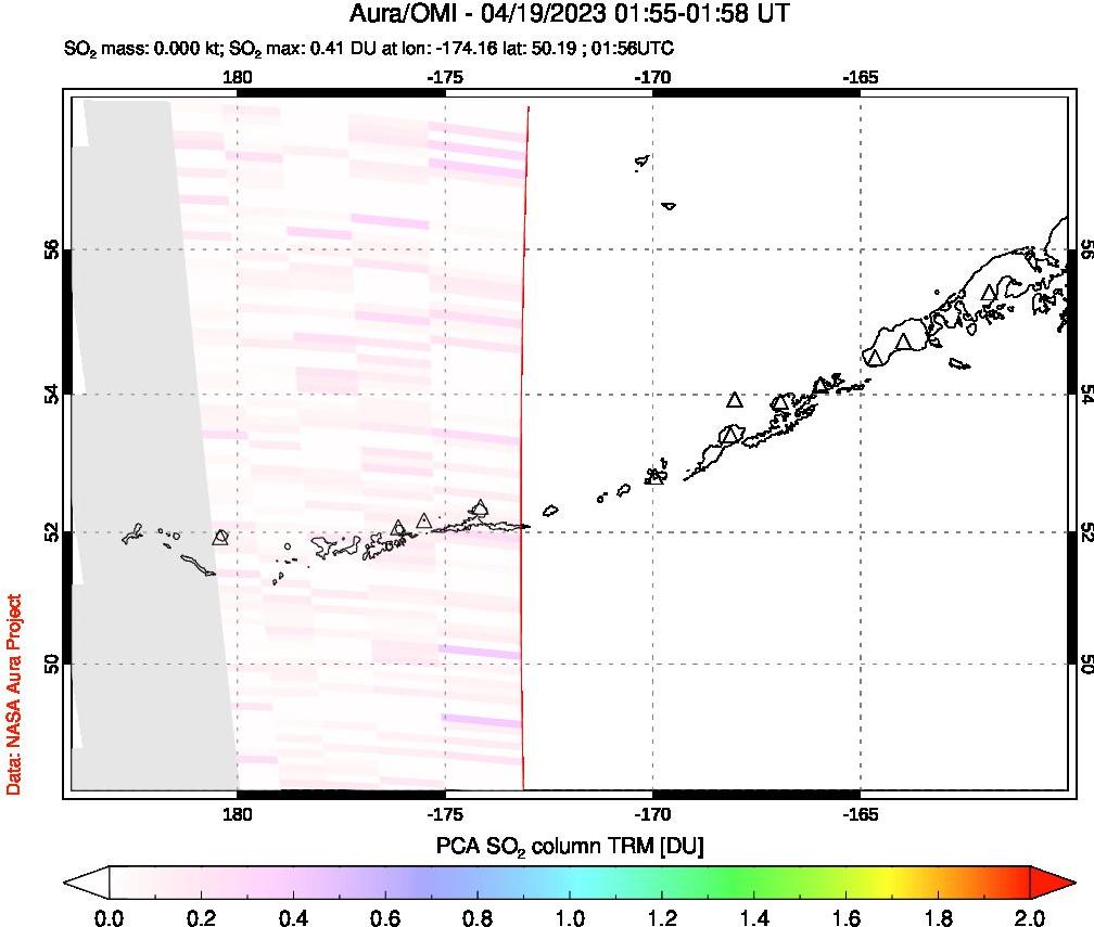 A sulfur dioxide image over Aleutian Islands, Alaska, USA on Apr 19, 2023.
