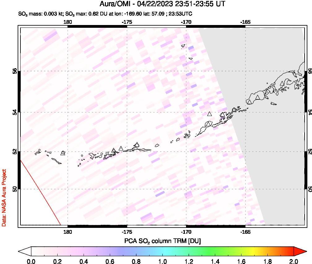 A sulfur dioxide image over Aleutian Islands, Alaska, USA on Apr 22, 2023.