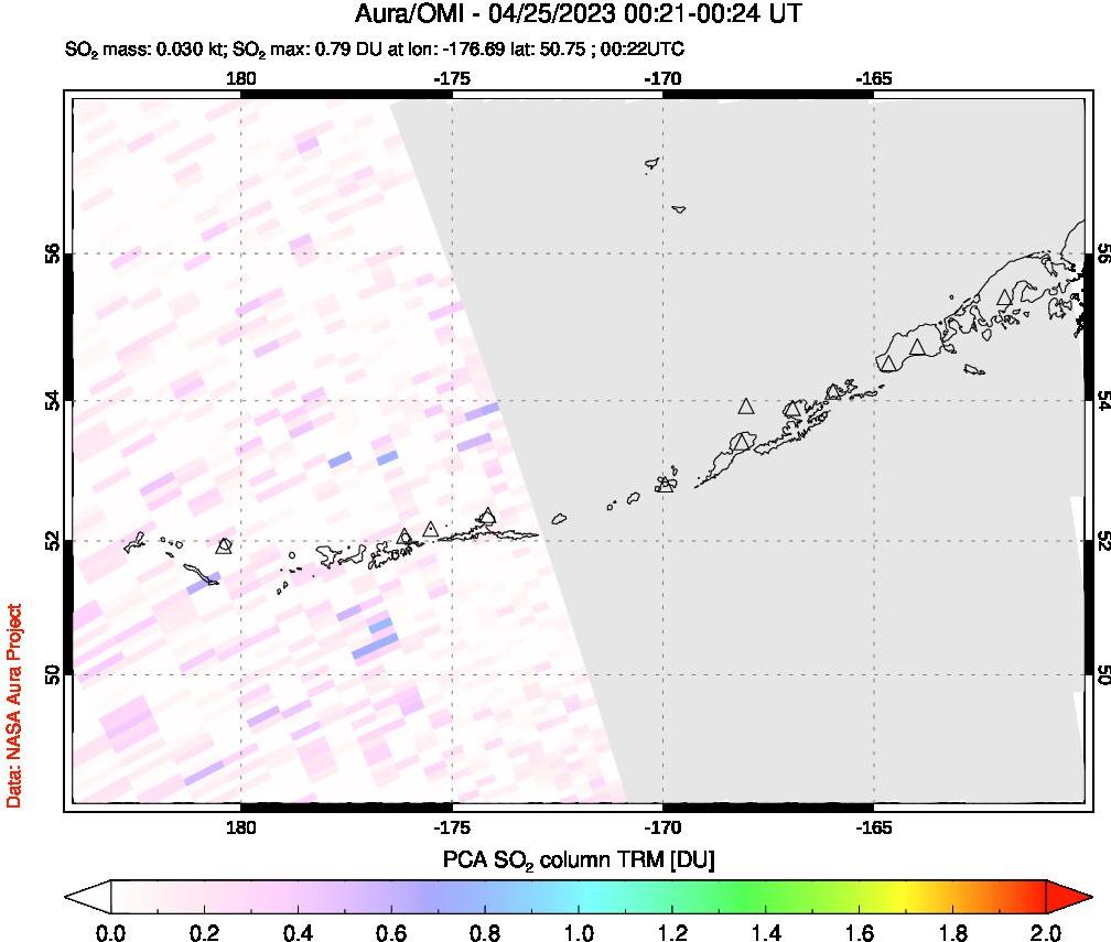 A sulfur dioxide image over Aleutian Islands, Alaska, USA on Apr 25, 2023.