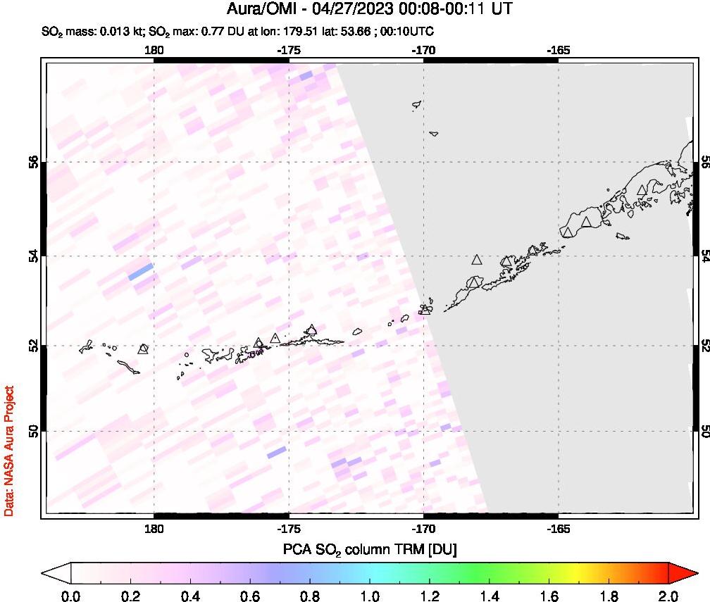 A sulfur dioxide image over Aleutian Islands, Alaska, USA on Apr 27, 2023.