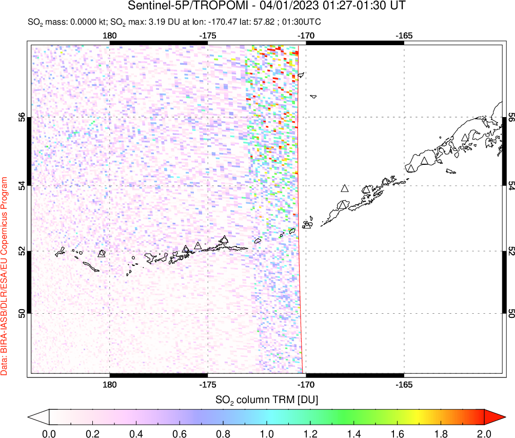 A sulfur dioxide image over Aleutian Islands, Alaska, USA on Apr 01, 2023.
