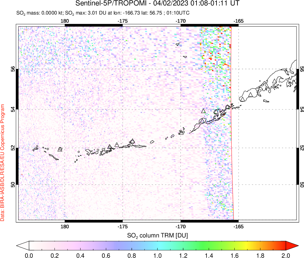 A sulfur dioxide image over Aleutian Islands, Alaska, USA on Apr 02, 2023.