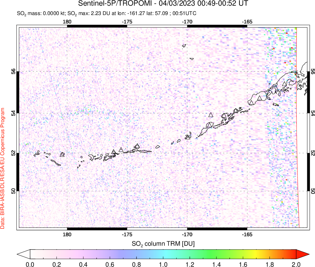 A sulfur dioxide image over Aleutian Islands, Alaska, USA on Apr 03, 2023.