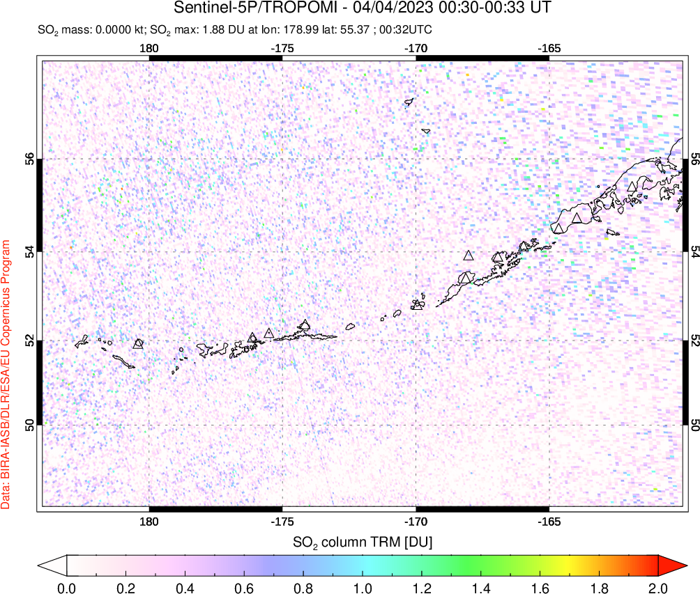 A sulfur dioxide image over Aleutian Islands, Alaska, USA on Apr 04, 2023.