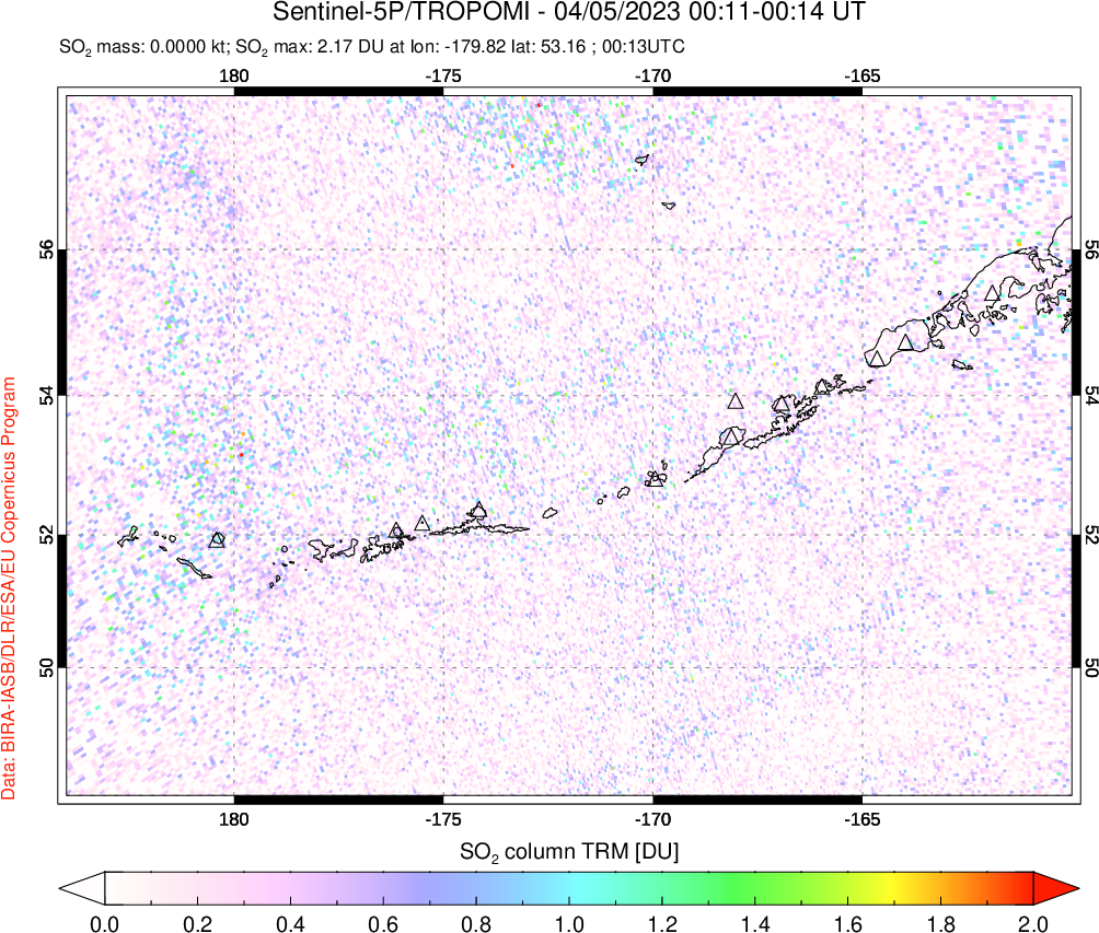 A sulfur dioxide image over Aleutian Islands, Alaska, USA on Apr 05, 2023.