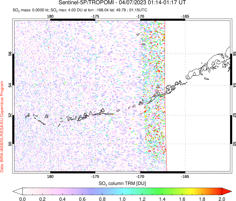 A sulfur dioxide image over Aleutian Islands, Alaska, USA on Apr 07, 2023.