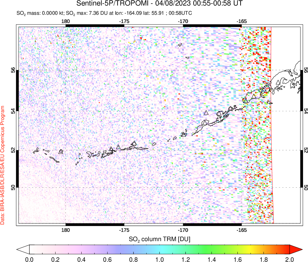 A sulfur dioxide image over Aleutian Islands, Alaska, USA on Apr 08, 2023.