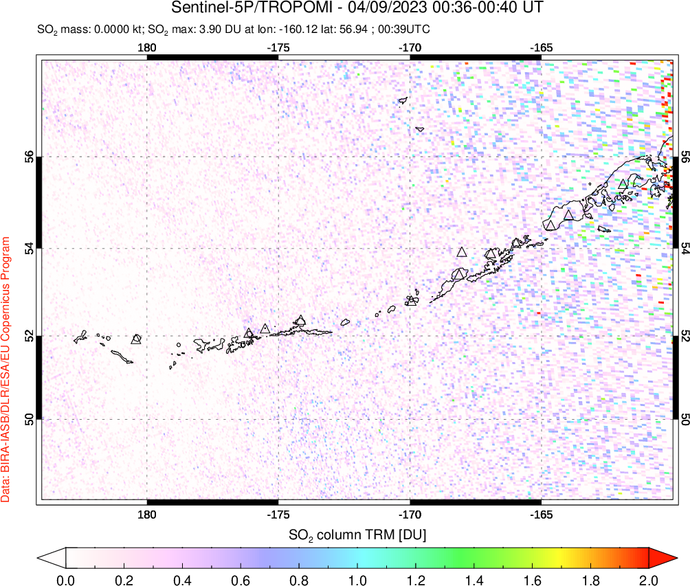 A sulfur dioxide image over Aleutian Islands, Alaska, USA on Apr 09, 2023.