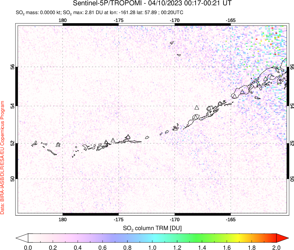 A sulfur dioxide image over Aleutian Islands, Alaska, USA on Apr 10, 2023.