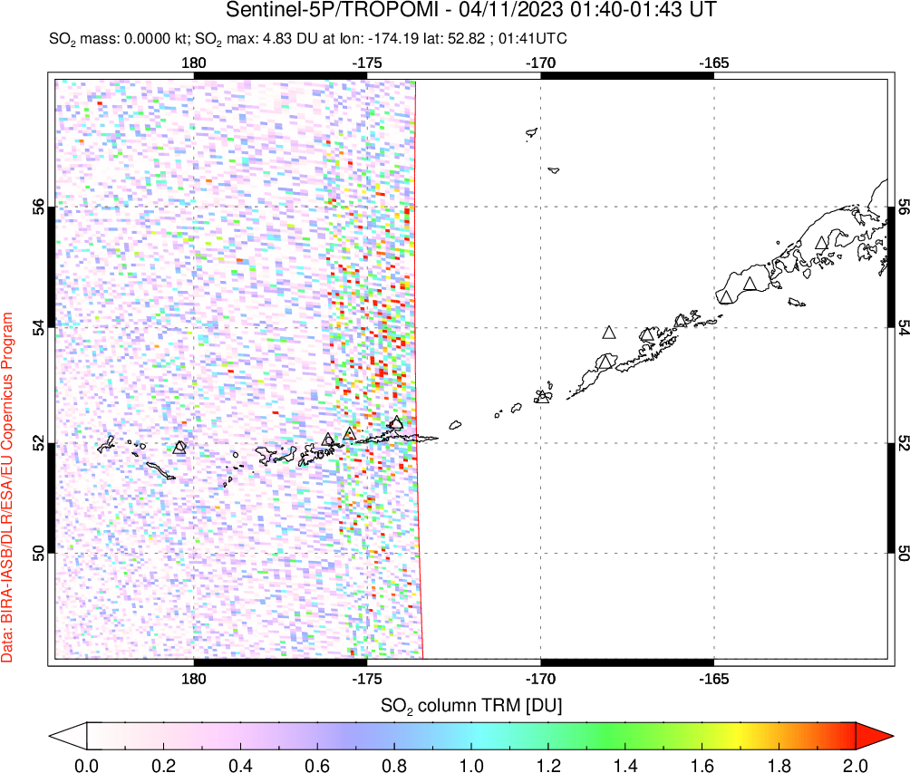 A sulfur dioxide image over Aleutian Islands, Alaska, USA on Apr 11, 2023.