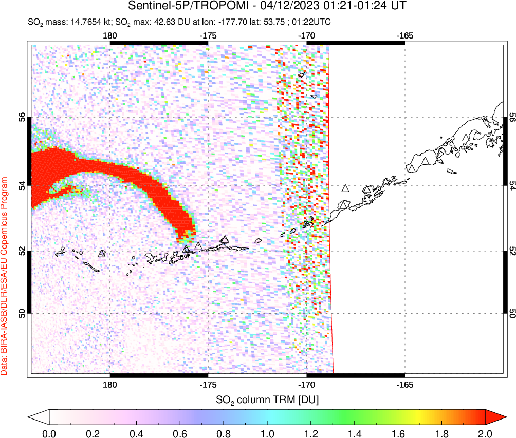 A sulfur dioxide image over Aleutian Islands, Alaska, USA on Apr 12, 2023.