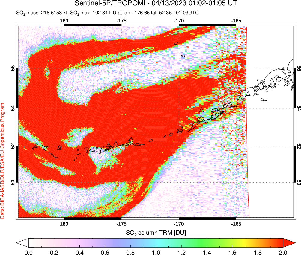 A sulfur dioxide image over Aleutian Islands, Alaska, USA on Apr 13, 2023.