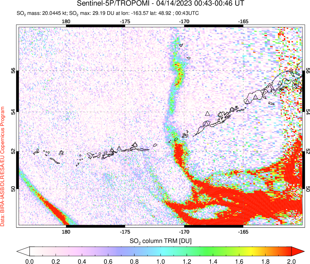 A sulfur dioxide image over Aleutian Islands, Alaska, USA on Apr 14, 2023.