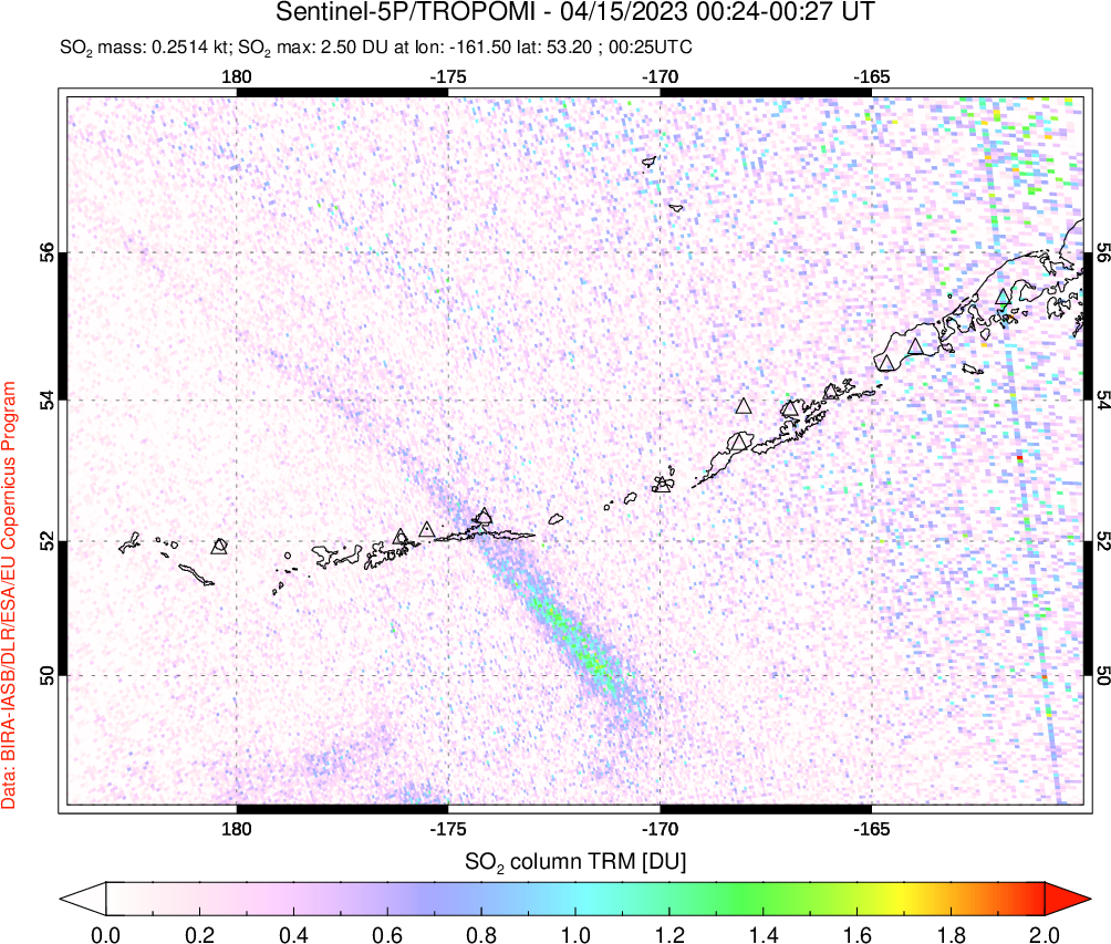 A sulfur dioxide image over Aleutian Islands, Alaska, USA on Apr 15, 2023.