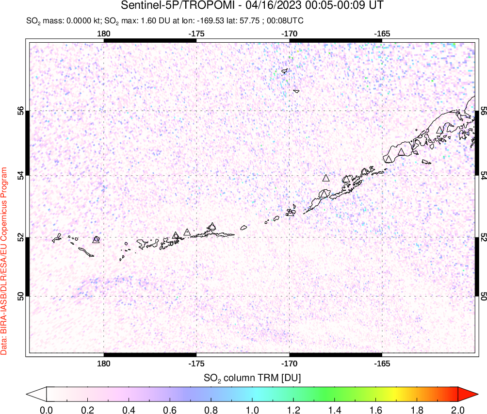 A sulfur dioxide image over Aleutian Islands, Alaska, USA on Apr 16, 2023.
