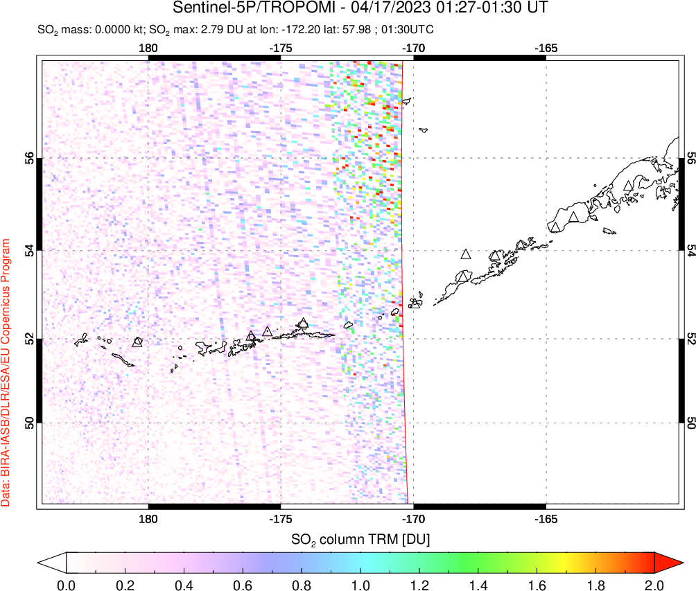 A sulfur dioxide image over Aleutian Islands, Alaska, USA on Apr 17, 2023.