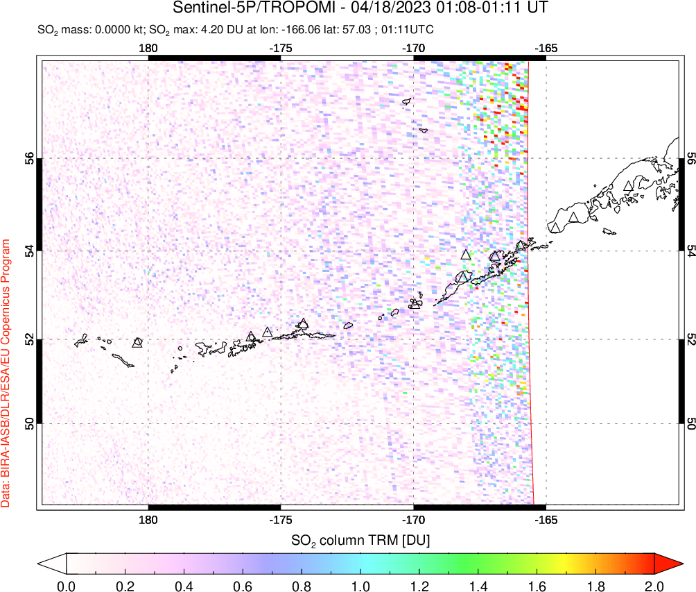 A sulfur dioxide image over Aleutian Islands, Alaska, USA on Apr 18, 2023.