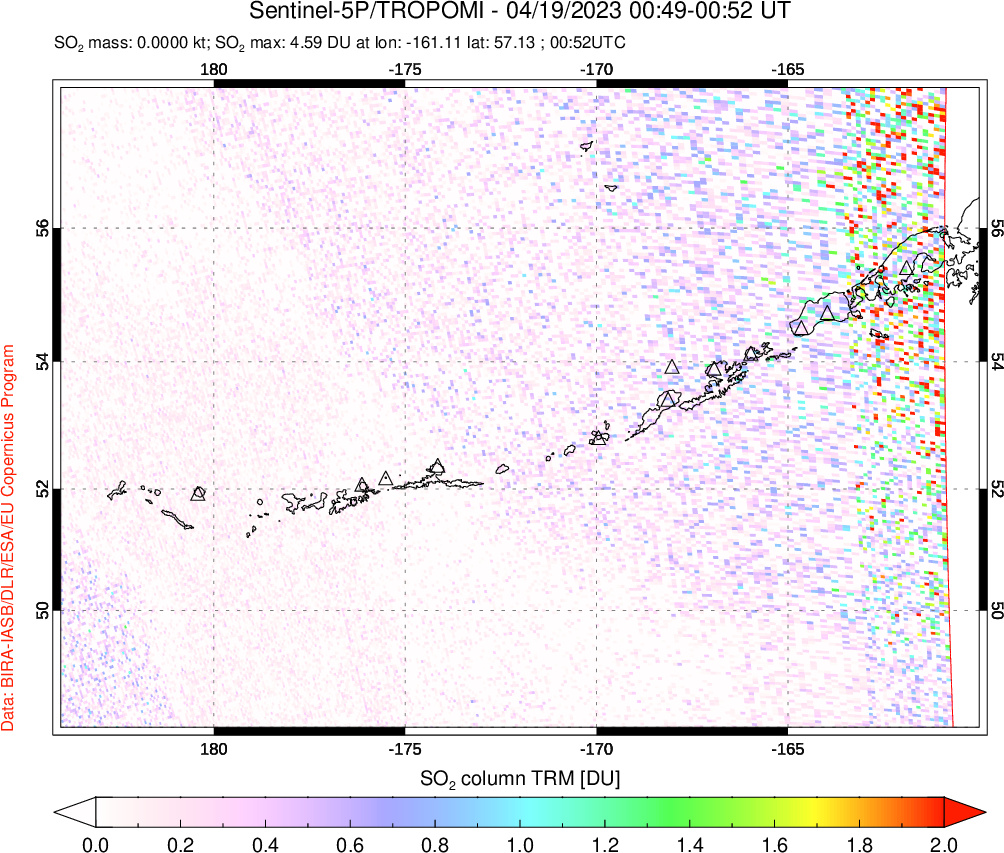 A sulfur dioxide image over Aleutian Islands, Alaska, USA on Apr 19, 2023.