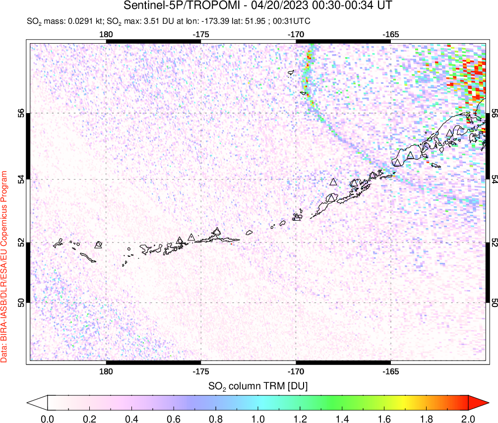 A sulfur dioxide image over Aleutian Islands, Alaska, USA on Apr 20, 2023.