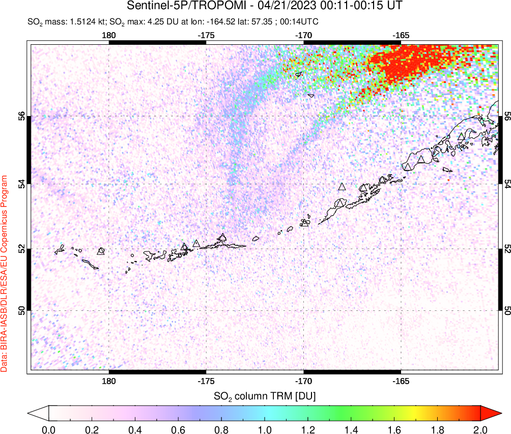 A sulfur dioxide image over Aleutian Islands, Alaska, USA on Apr 21, 2023.