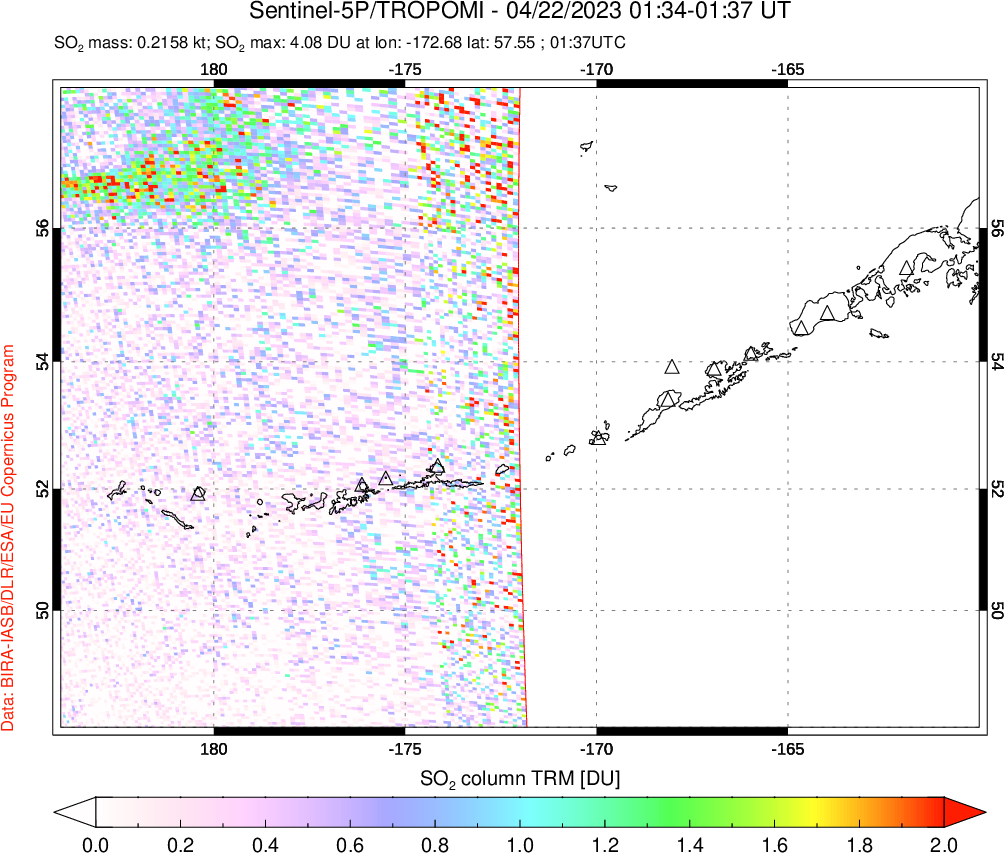 A sulfur dioxide image over Aleutian Islands, Alaska, USA on Apr 22, 2023.
