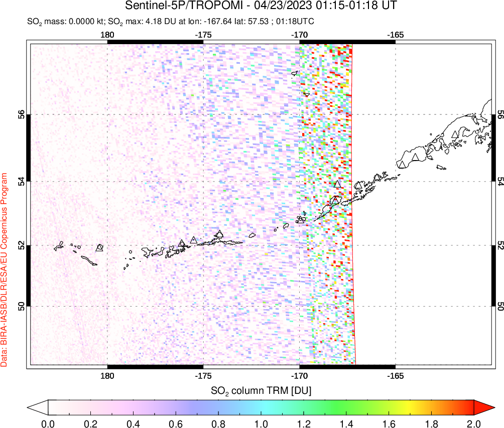 A sulfur dioxide image over Aleutian Islands, Alaska, USA on Apr 23, 2023.