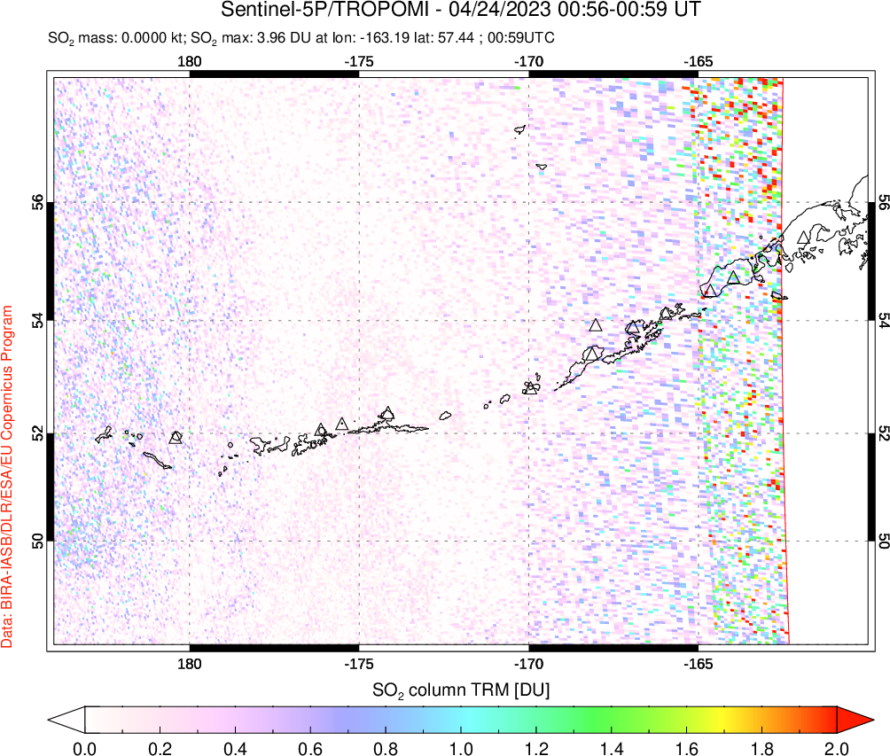 A sulfur dioxide image over Aleutian Islands, Alaska, USA on Apr 24, 2023.