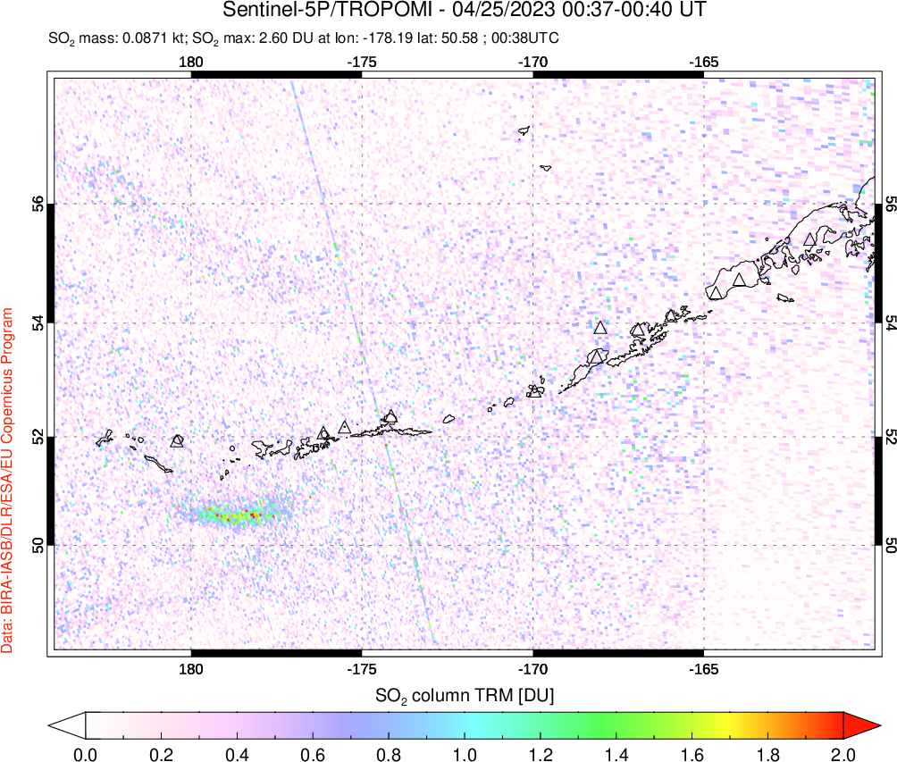 A sulfur dioxide image over Aleutian Islands, Alaska, USA on Apr 25, 2023.