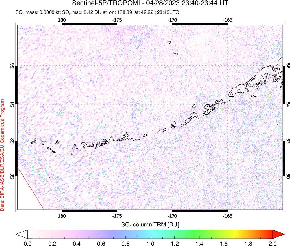 A sulfur dioxide image over Aleutian Islands, Alaska, USA on Apr 28, 2023.