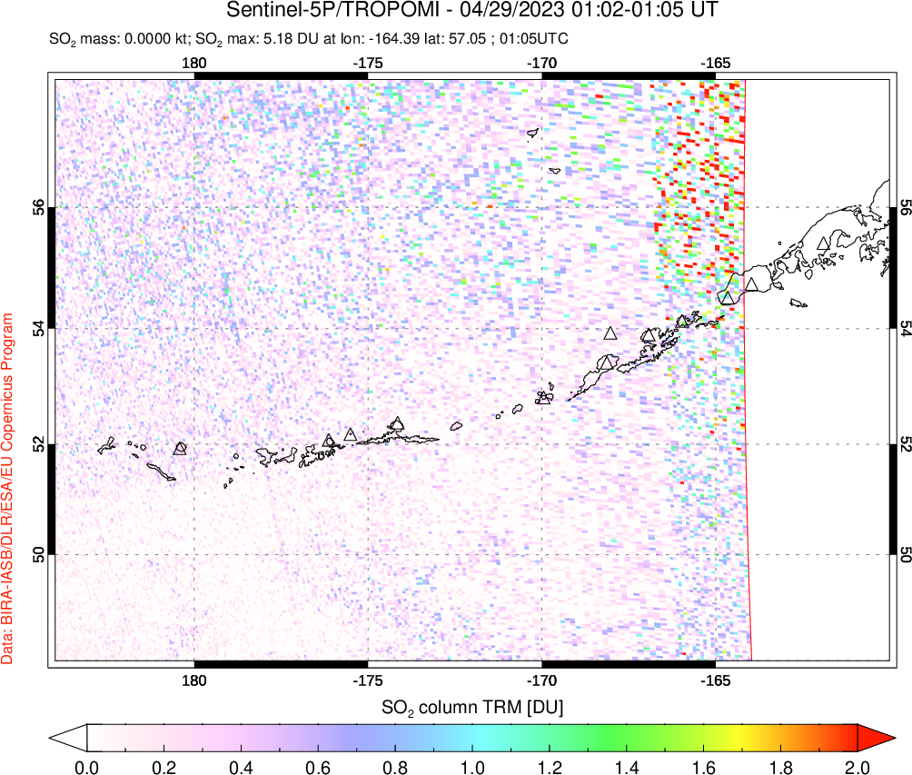 A sulfur dioxide image over Aleutian Islands, Alaska, USA on Apr 29, 2023.