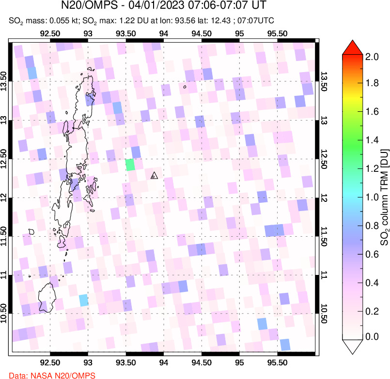 A sulfur dioxide image over Andaman Islands, Indian Ocean on Apr 01, 2023.