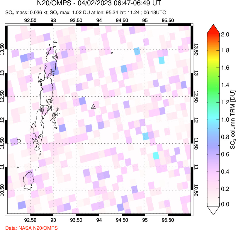 A sulfur dioxide image over Andaman Islands, Indian Ocean on Apr 02, 2023.