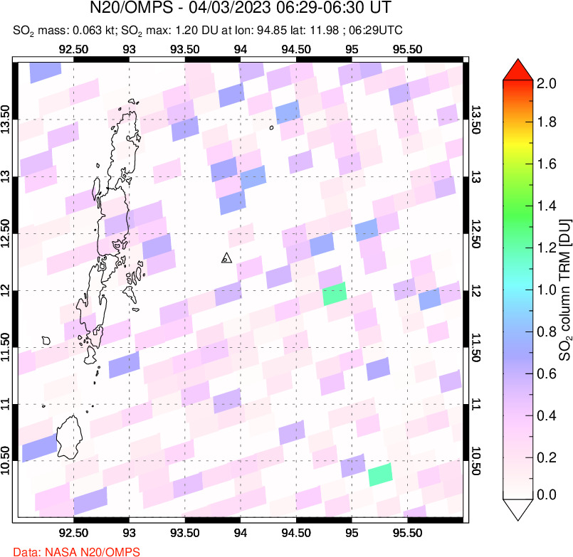 A sulfur dioxide image over Andaman Islands, Indian Ocean on Apr 03, 2023.