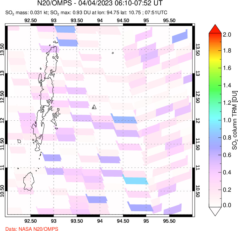 A sulfur dioxide image over Andaman Islands, Indian Ocean on Apr 04, 2023.