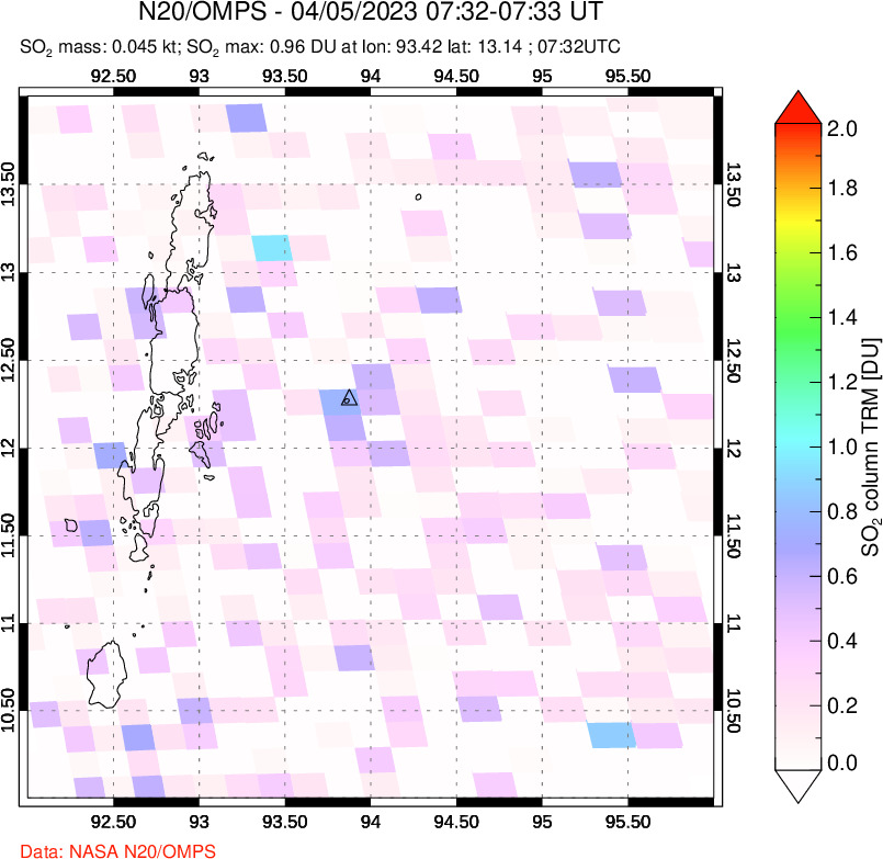 A sulfur dioxide image over Andaman Islands, Indian Ocean on Apr 05, 2023.