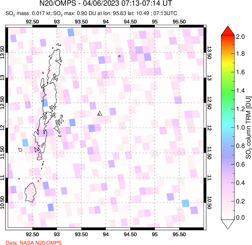 A sulfur dioxide image over Andaman Islands, Indian Ocean on Apr 06, 2023.