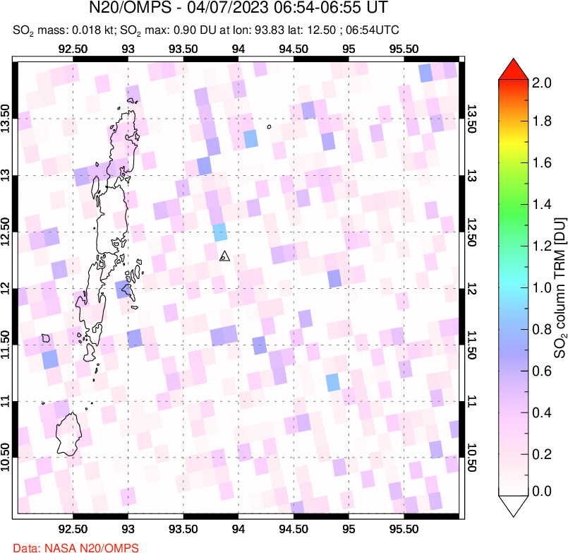 A sulfur dioxide image over Andaman Islands, Indian Ocean on Apr 07, 2023.