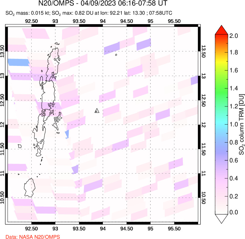 A sulfur dioxide image over Andaman Islands, Indian Ocean on Apr 09, 2023.