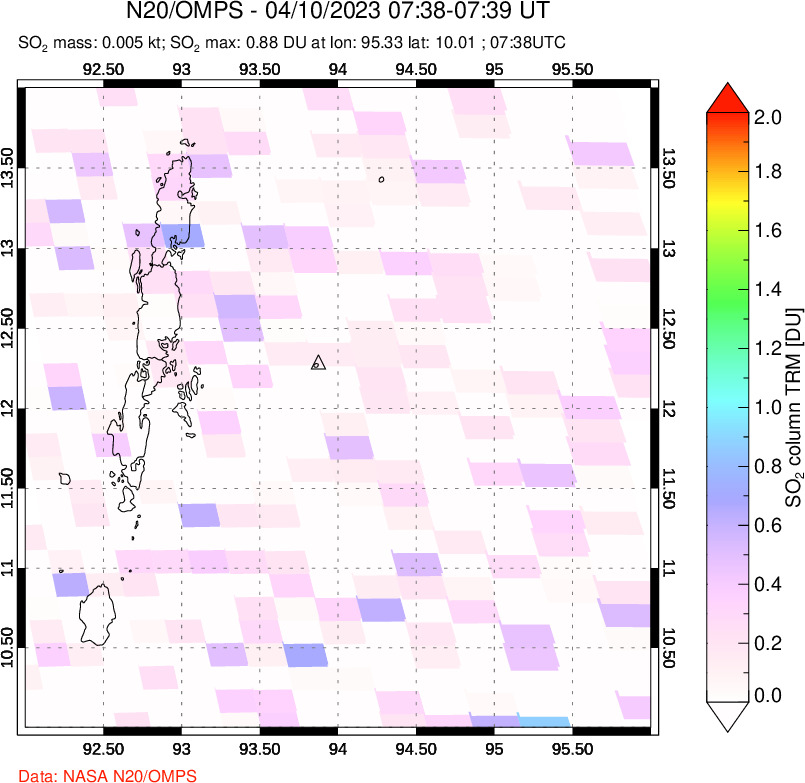 A sulfur dioxide image over Andaman Islands, Indian Ocean on Apr 10, 2023.