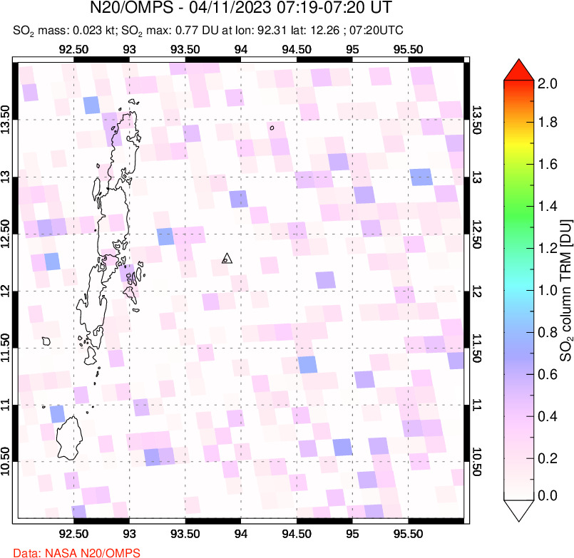 A sulfur dioxide image over Andaman Islands, Indian Ocean on Apr 11, 2023.