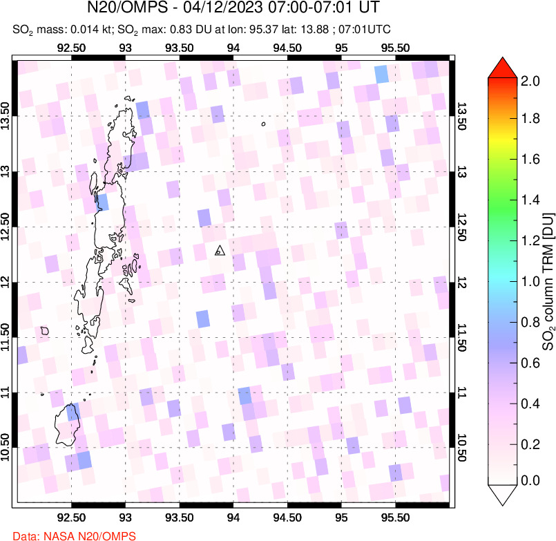 A sulfur dioxide image over Andaman Islands, Indian Ocean on Apr 12, 2023.