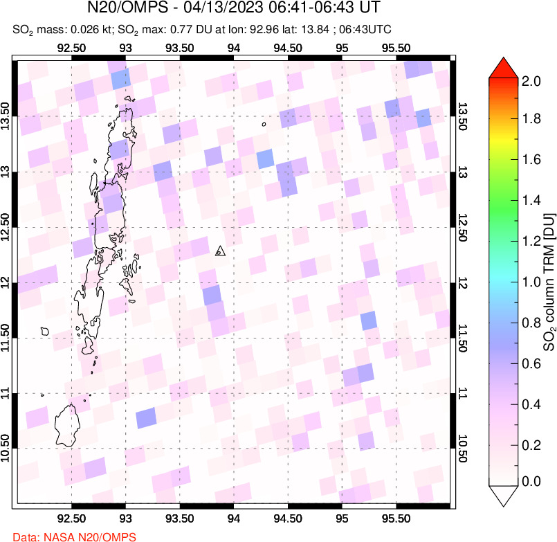 A sulfur dioxide image over Andaman Islands, Indian Ocean on Apr 13, 2023.