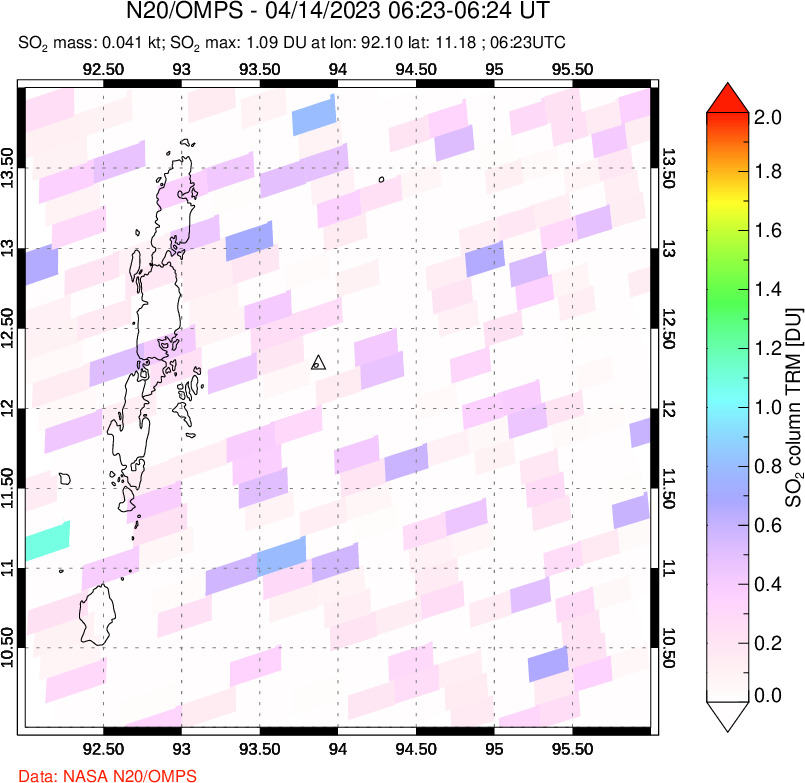 A sulfur dioxide image over Andaman Islands, Indian Ocean on Apr 14, 2023.