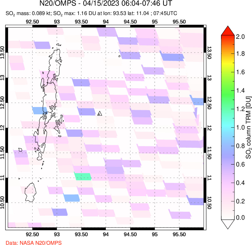 A sulfur dioxide image over Andaman Islands, Indian Ocean on Apr 15, 2023.